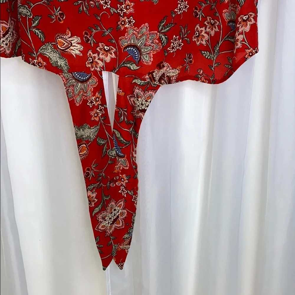 Como Vintage Red Flutter Sleeve Blouse with Tie Front
